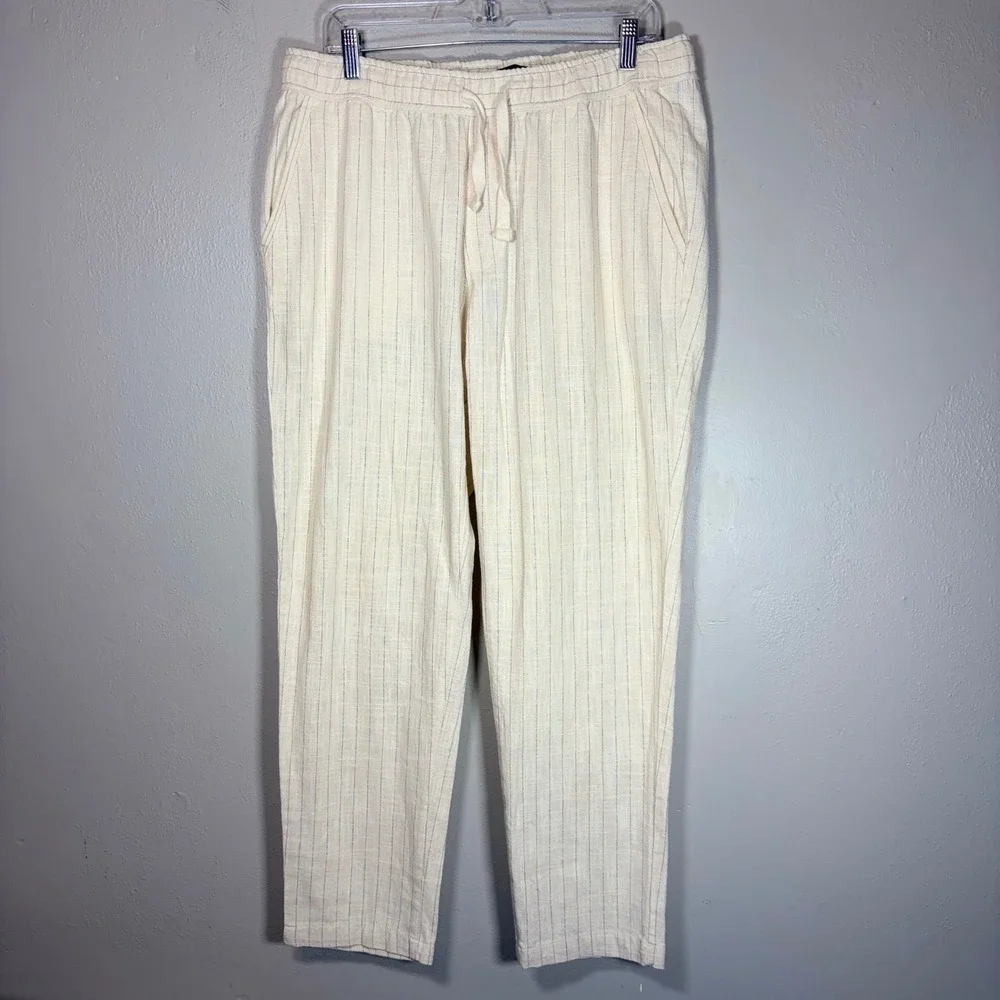 Zara Womens XL Pinstripe Drawstring Linen Blend Pants Cream Blue‎ High Rise